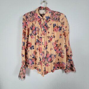 Free People Floral Button-Up Blouse XS Peach Pink Purple Lightweight Boho Chic L